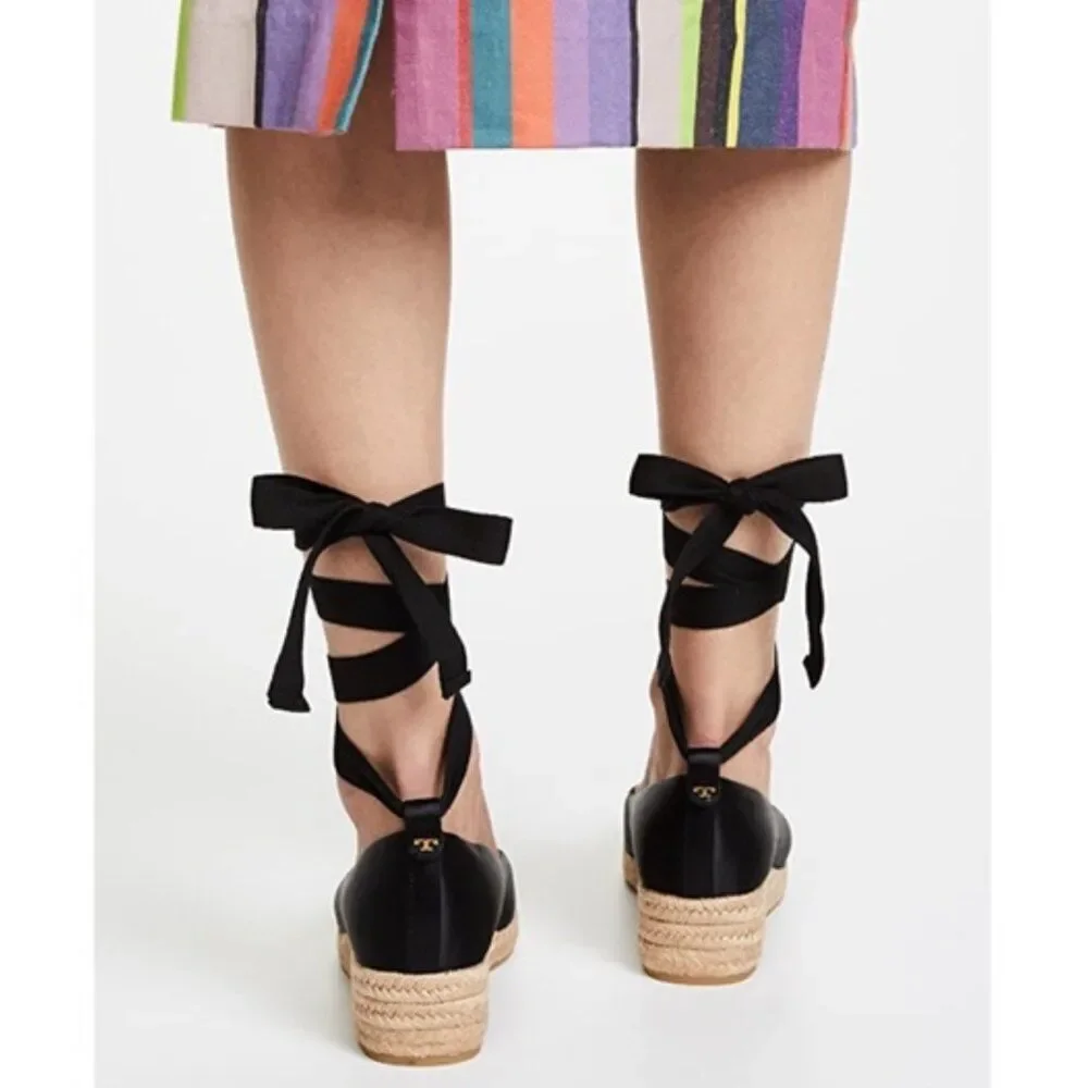 Tory Burch Heather Satin Wedge Espadrille In Black Size 6.5
